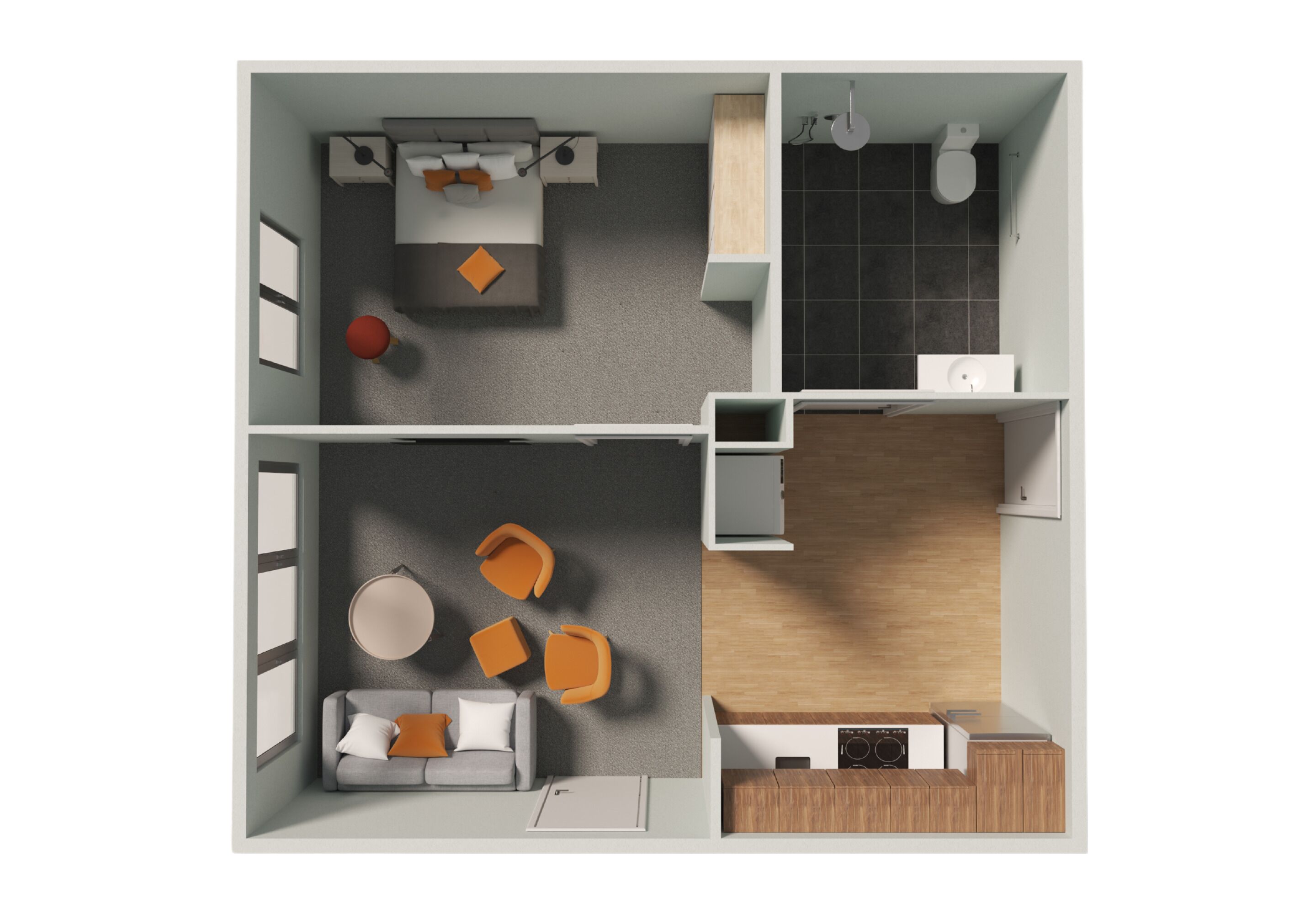 Distribución moderna de un apartamento con sala de estar, comedor, cocina y baño.