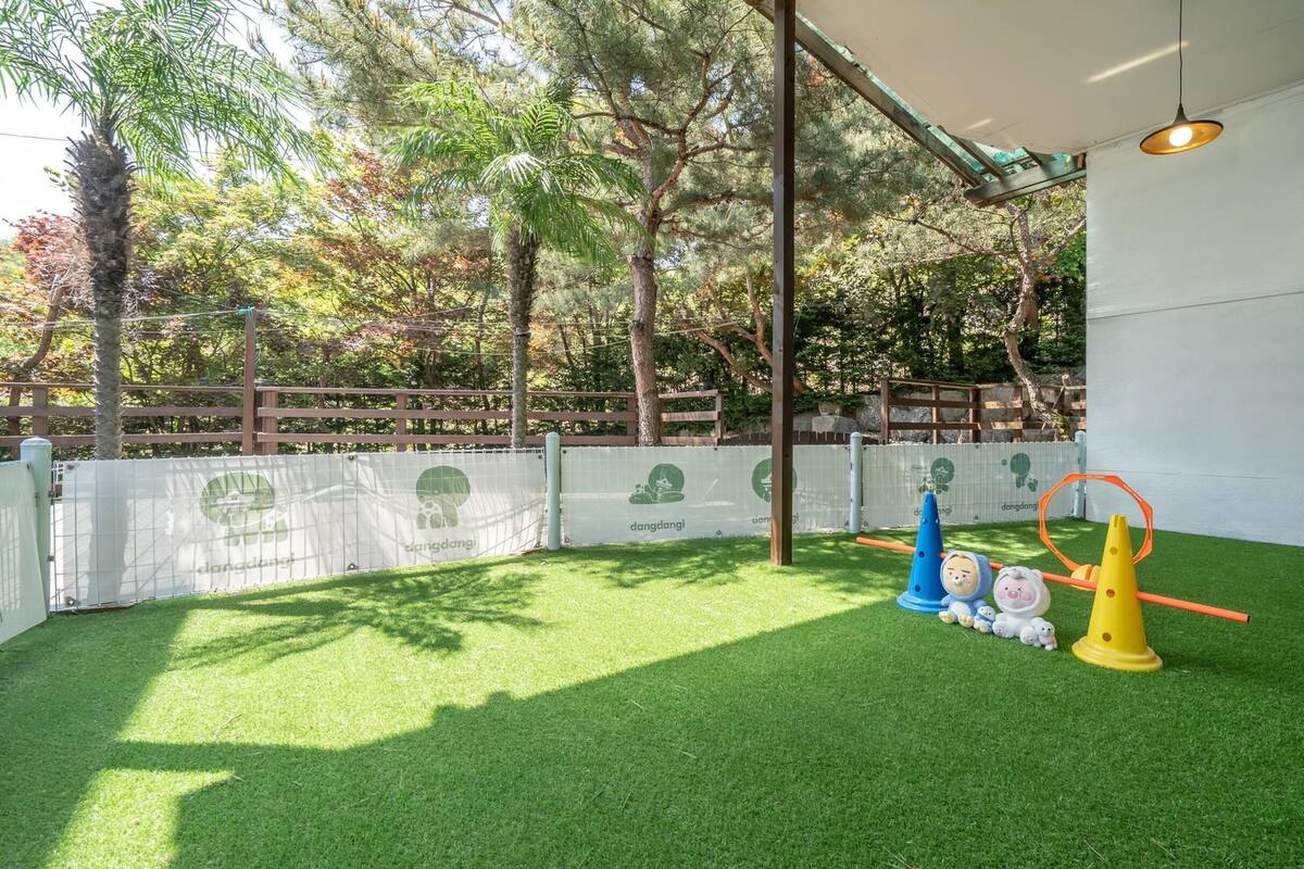 Zona de juegos al aire libre con césped artificial, una cerca delimitadora y un aro de baloncesto.