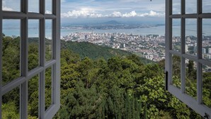 A view through a window with a cityscape in the background, including a body of water and a bridge. - Eythrope Boutique Villa (George Town)