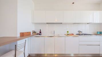 Fridge, oven, dishwasher, cookware/dishes/utensils