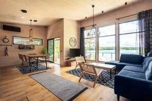 Télévision, cheminée, livres, chaßne hi-fi