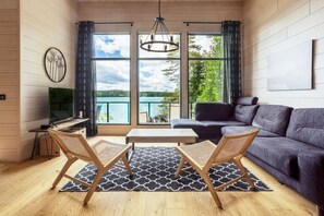 TV, fireplace, books, stereo