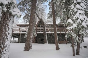 Une cabane entourée d’arbres couverts de neige.