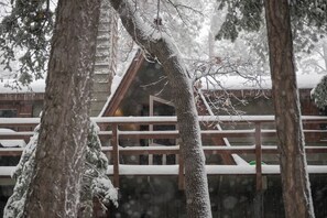 Eine Hütte mit einer Holzterrasse und schneebedeckten Bäumen.