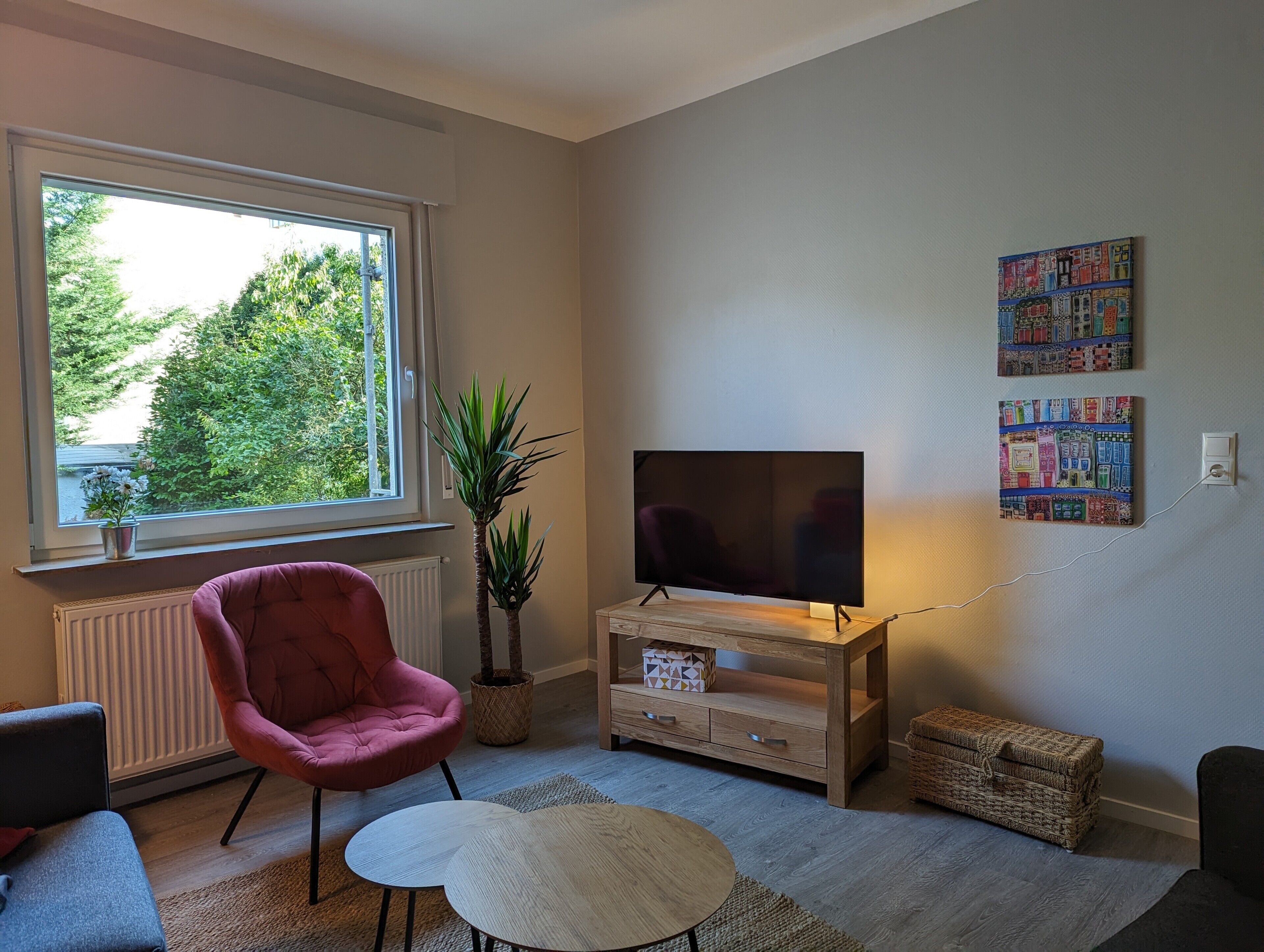 Een woonkamer met een televisie, een roze stoel, een klein tafeltje en een raam met uitzicht op bomen.