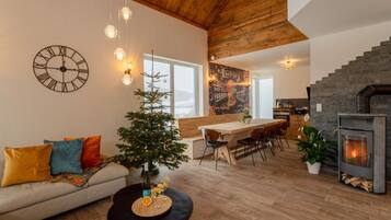 Smart TV, fireplace, books