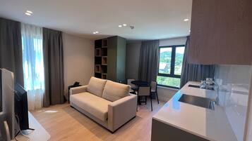 A modern living room with a sofa, a dining table with chairs, a TV, and a kitchen area with a sink.