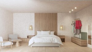 A modern bedroom with a large bed, bedside tables, a chair, a small table, and a clothing rack with hangers. - Hotel H4 Cangas (Cangas)