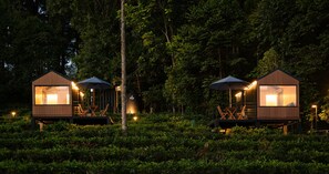 Two wooden cabins with glass windows, each with a table and chairs, surrounded by dense greenery. - Bobocabin Dieng Pass, Batang (Bawang)