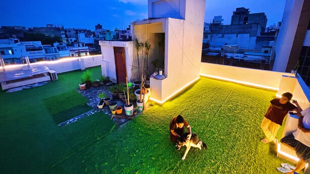 A rooftop terrace with artificial grass, potted plants, and a small structure. - The White Canyon (Varanasi)