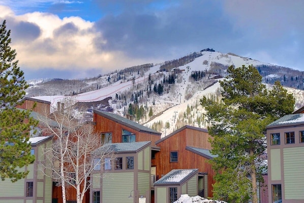 A cluster of wooden cabins with a mountain backdrop.