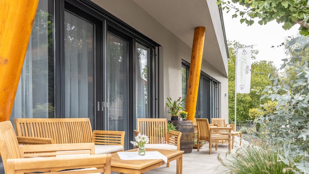 An outdoor seating area with wooden furniture and a potted plant. - Haidinger Boutique Domizil (Oftering)