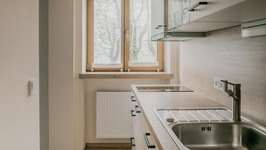 A modern kitchen with a window, built-in cabinets, a stainless steel sink, and a built-in stove. - Gemütliche Ferienwohnung Hochfelln, 40qm, Balkon (Traunstein)