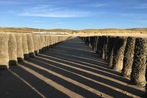 A long, straight pathway flanked by stone pillars leading to a distant structure.