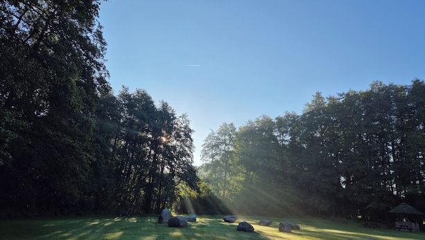 Un parque con cielo despejado, árboles y un pabellón.