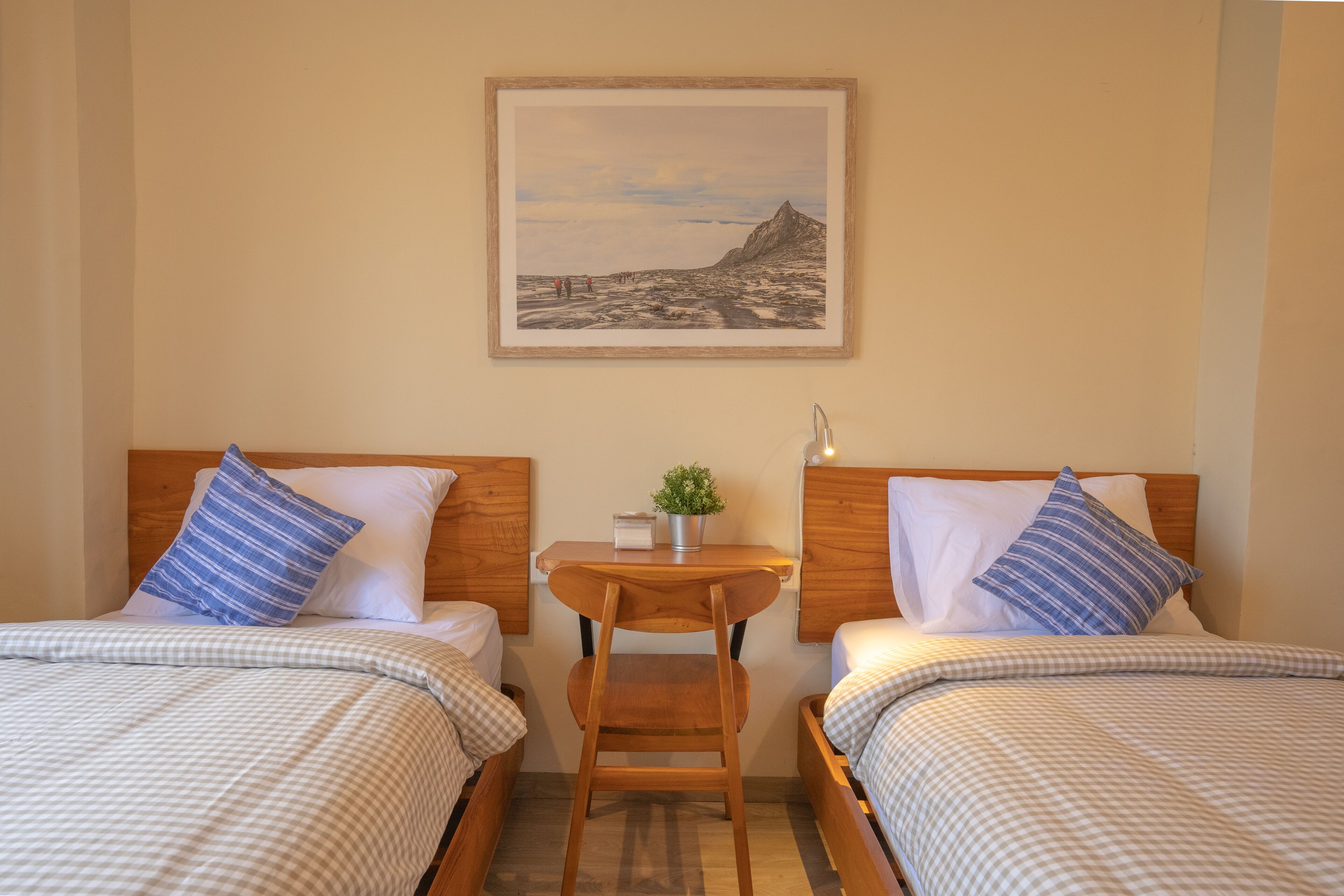 A hotel room with two beds, each with a checkered bedspread and blue striped pillows. A wooden nightstand with a small plant and a lamp is between the beds. A framed picture of a mountainous landscape hangs on the wall above the nightstand.