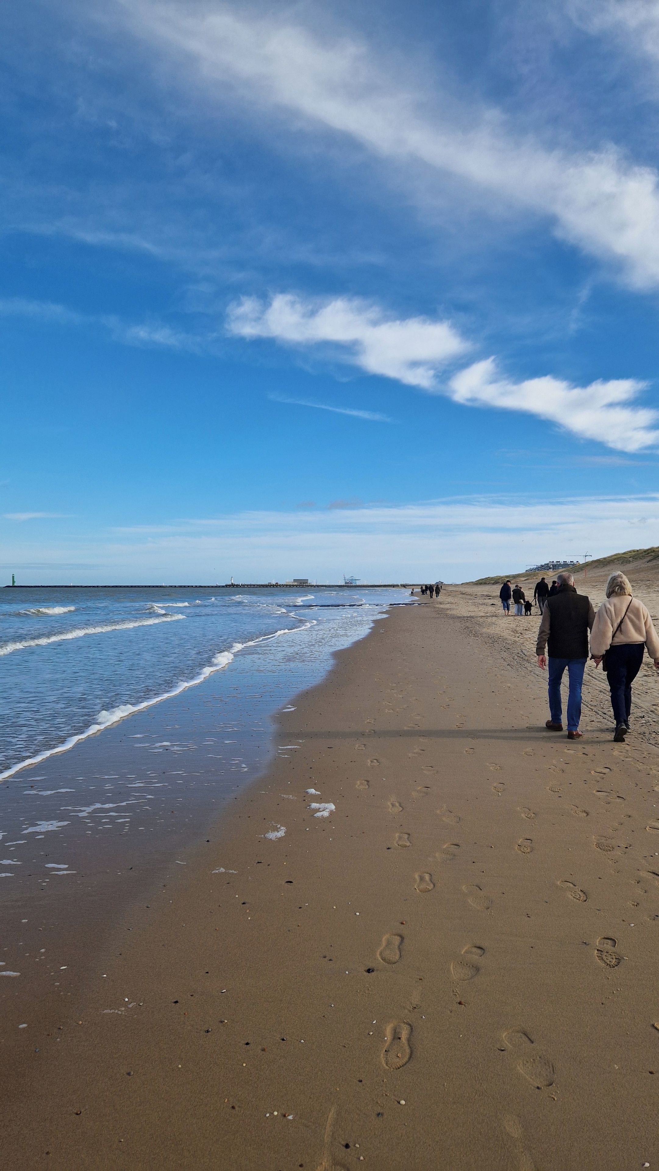 A sandy beach with footprints leading to the water, a clear sky, and a distant structure.