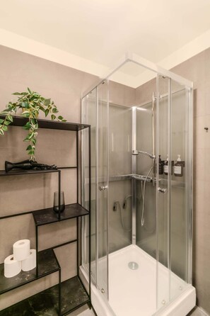 Shower, hair dryer, towels