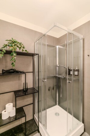 Shower, hair dryer, towels