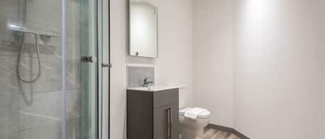 Shower, hair dryer, towels, shampoo