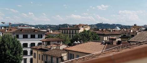 A cityscape with terracotta-tiled rooftops, buildings with uniform architectural styles, and a clear sky.
