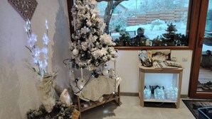 A room with a decorated Christmas tree, a window with a view of a snowy landscape, and a small table with items on it. - Location en Savoie (Arith)