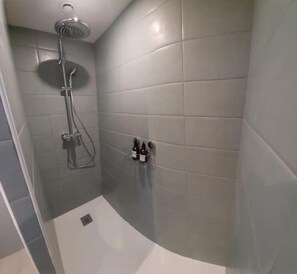 Hair dryer, towels, soap, shampoo