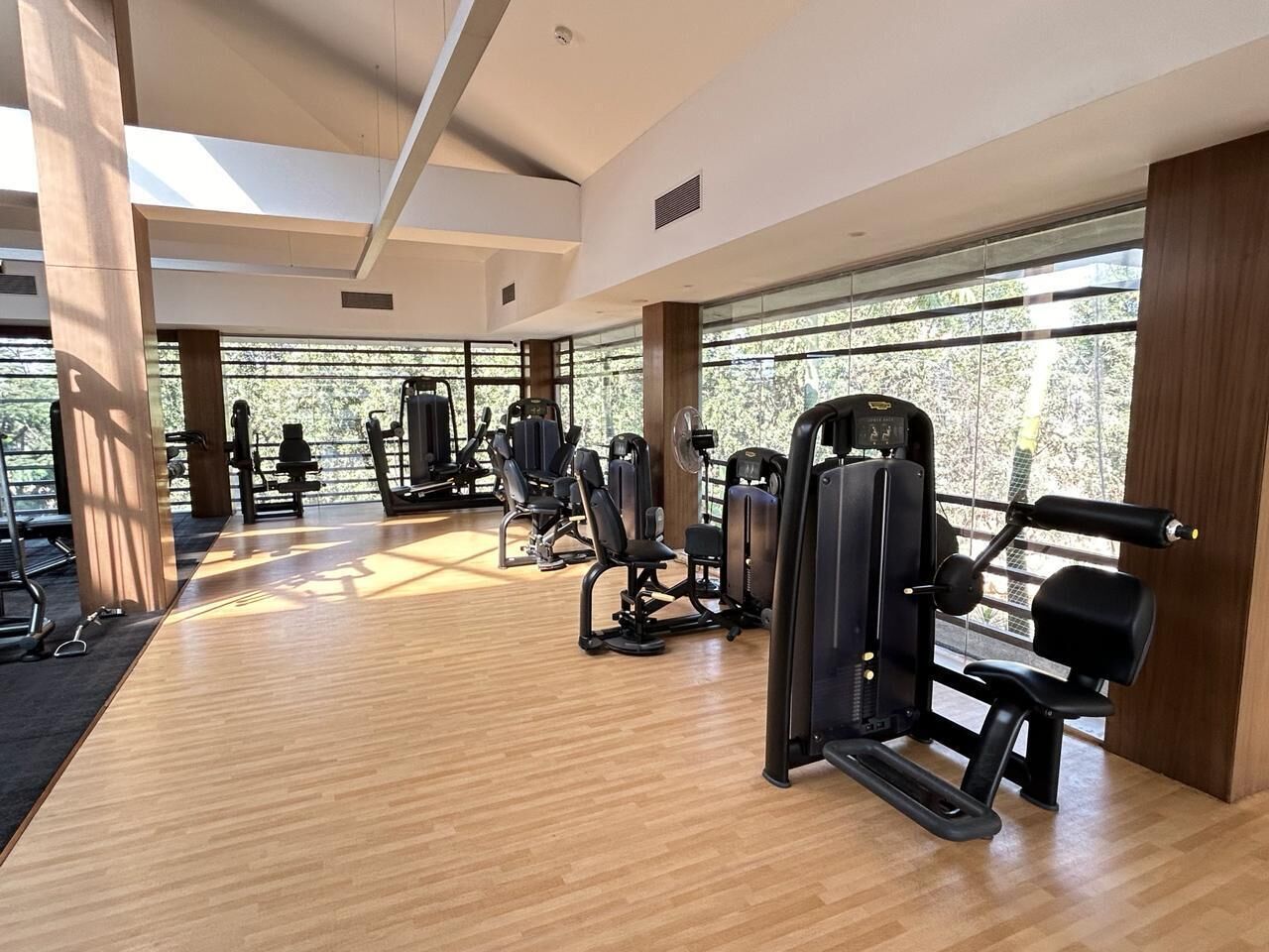 Un gimnasio moderno con suelo de madera, diversas máquinas de ejercicio y amplios ventanales que permiten la entrada de luz natural.