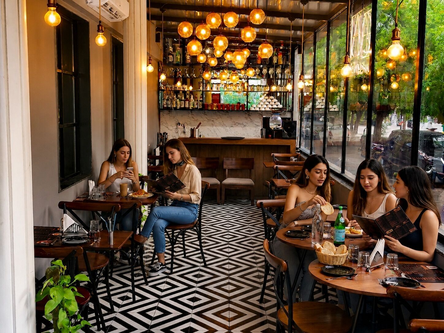 A café with tables and chairs, a patterned floor, and hanging lights.