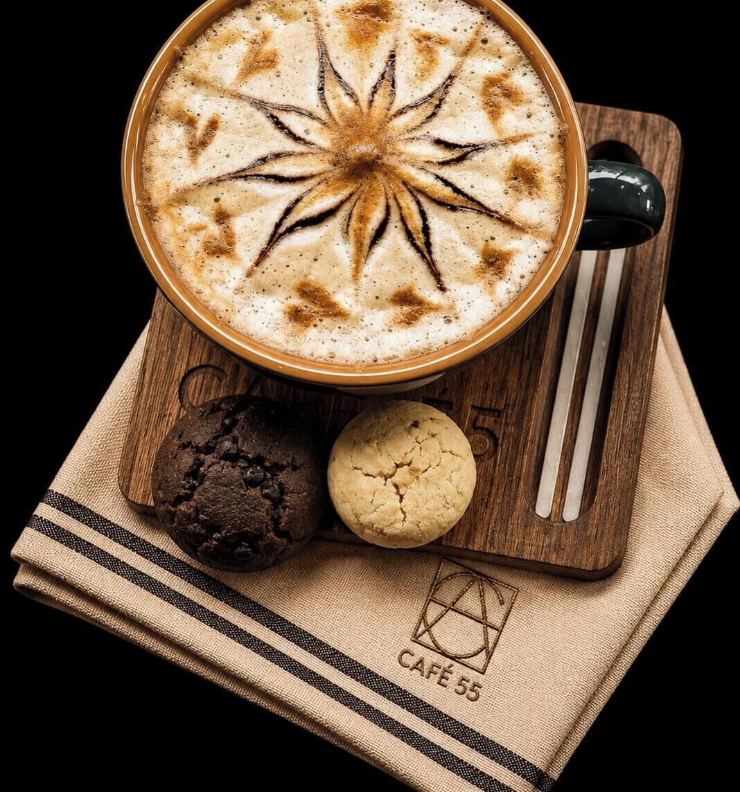 Una tazza di caffè con decorazione in latte art su un tagliere di legno, insieme a un biscotto e un cucchiaino.