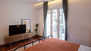 A bedroom with a bed, a TV on a wooden console, a potted plant, and a view of the outside balcony.