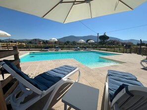 Seasonal outdoor pool, pool umbrellas, pool loungers