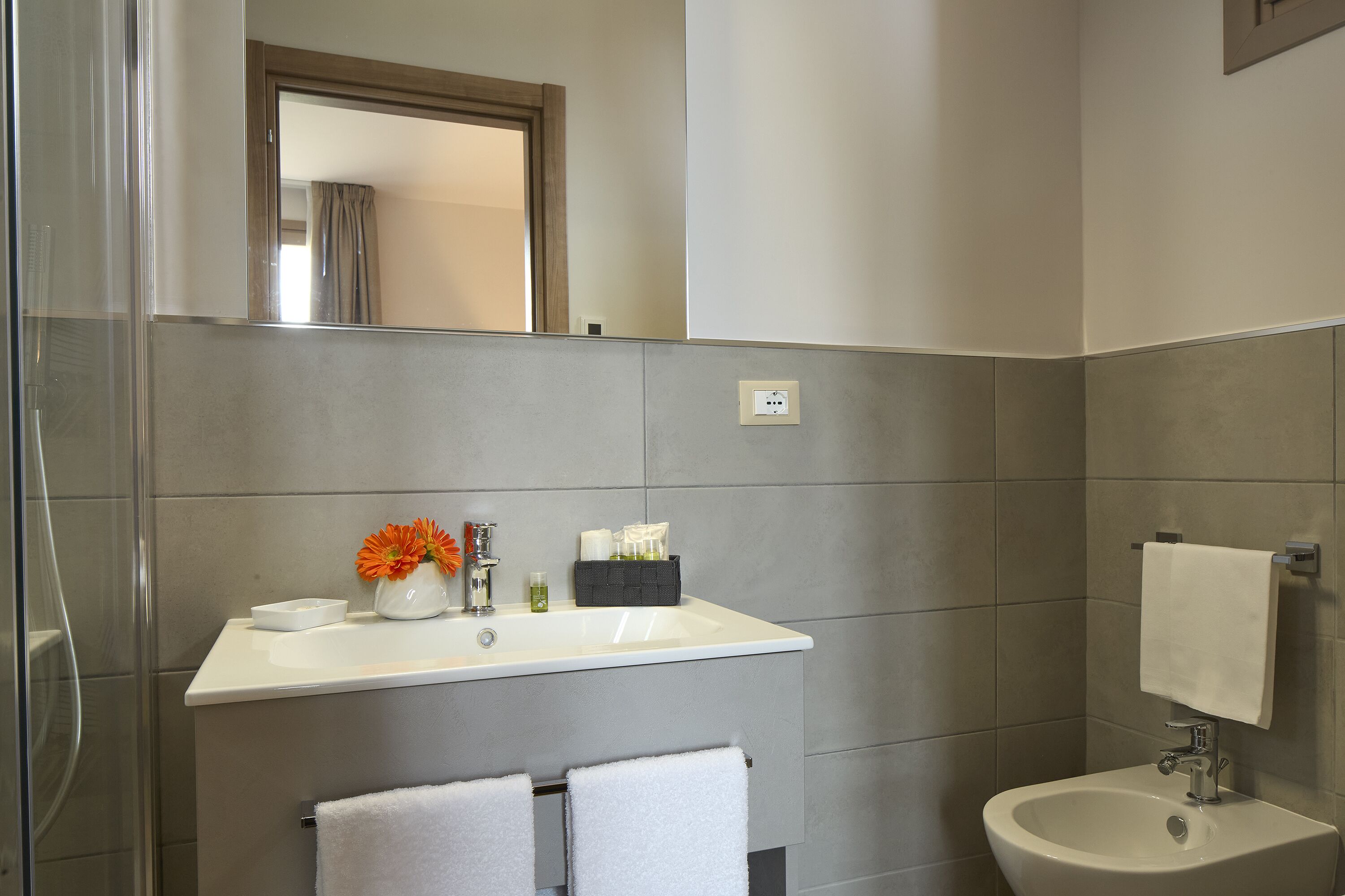A bathroom with a sink, mirror, and bidet. There are towels hanging on the wall and a small vase with flowers on the sink.