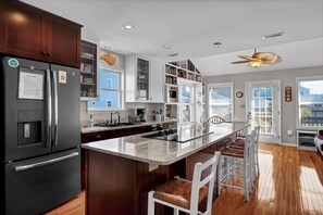 Fridge, microwave, oven, stovetop - Waterfront Coastal Retreat w/ Pool | Sunset Views! (North Topsail Beach)