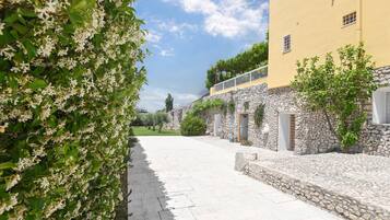 Un vialetto in pietra conduce a un edificio giallo con un balcone, immerso nel verde e sotto un cielo sereno.