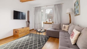 A modern living room with a grey sofa, a wooden cabinet, a black TV, and a patterned rug.