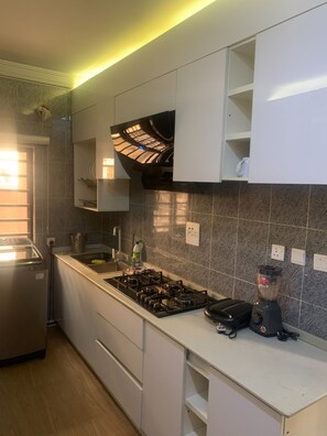 Apartment | Private kitchen | Fridge, microwave, stovetop, cookware/dishes/utensils - Tranquil Habitare (Abuja)