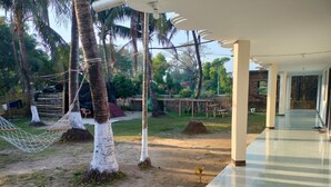 Un espacio al aire libre techado con una hamaca, palmeras y un sendero que lleva a un edificio.