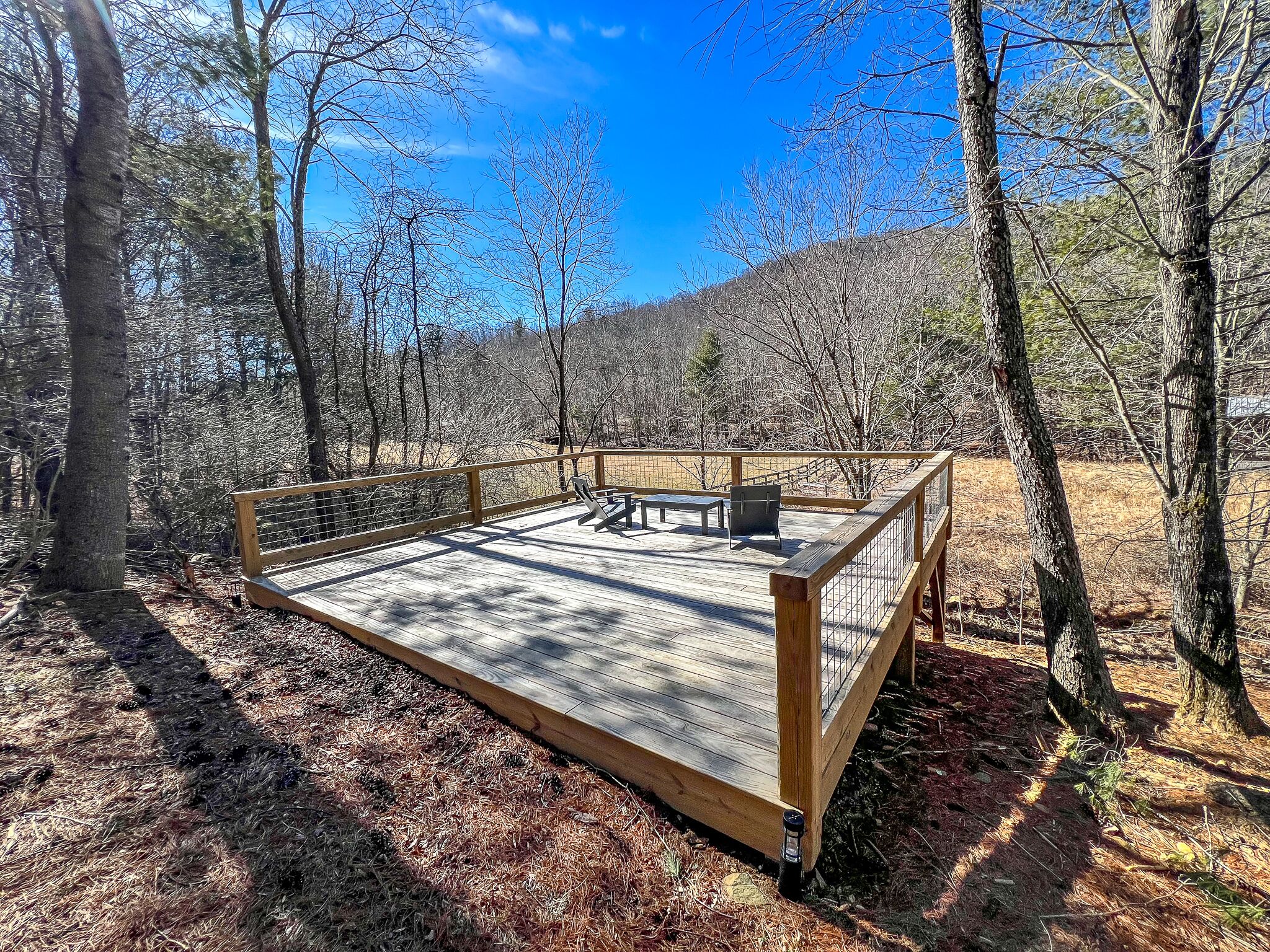 A wooden deck with a metal railing, surrounded by trees and a clear sky.