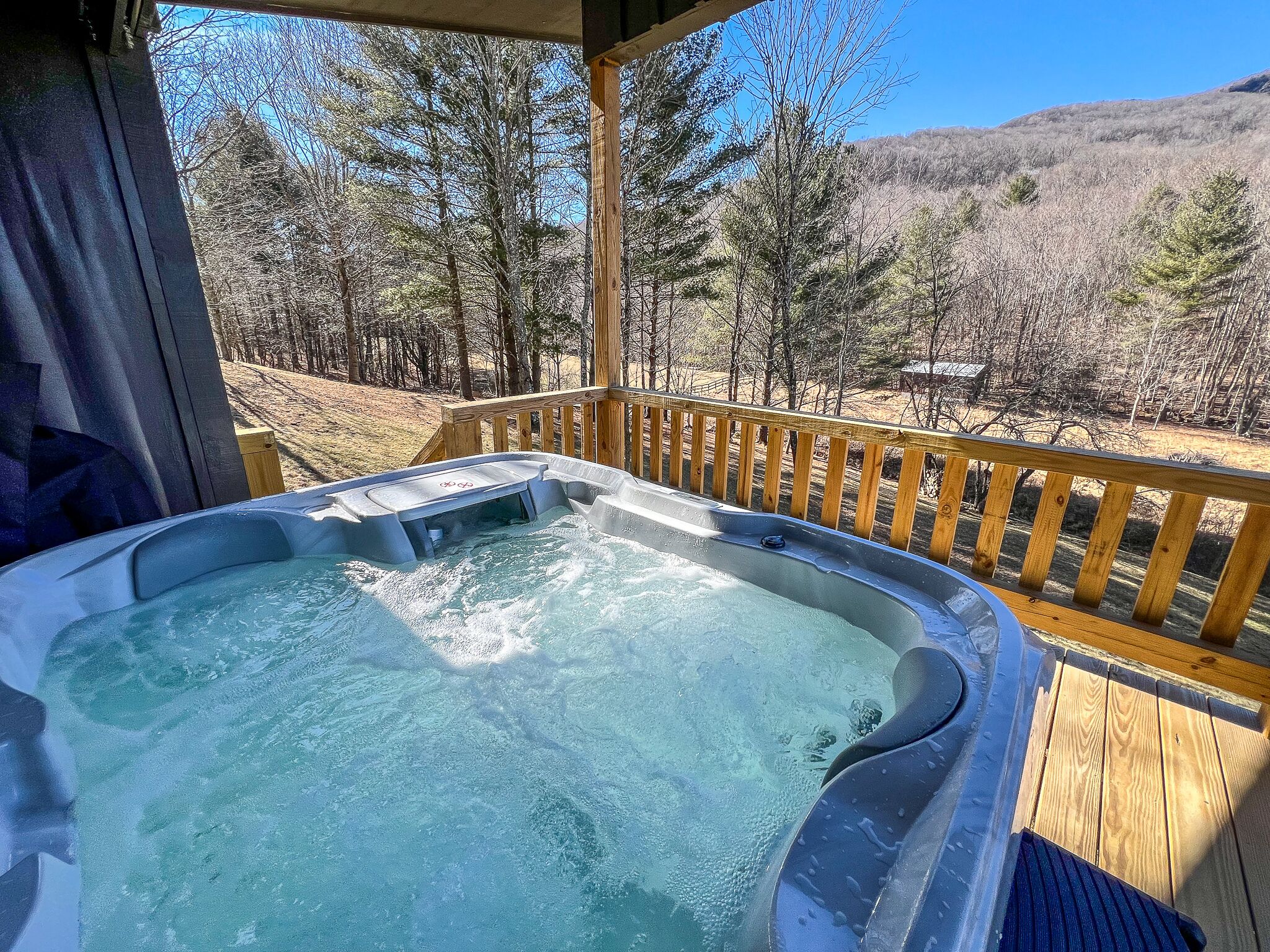 Un jacuzzi en una terraza de madera con vista a un área boscosa.