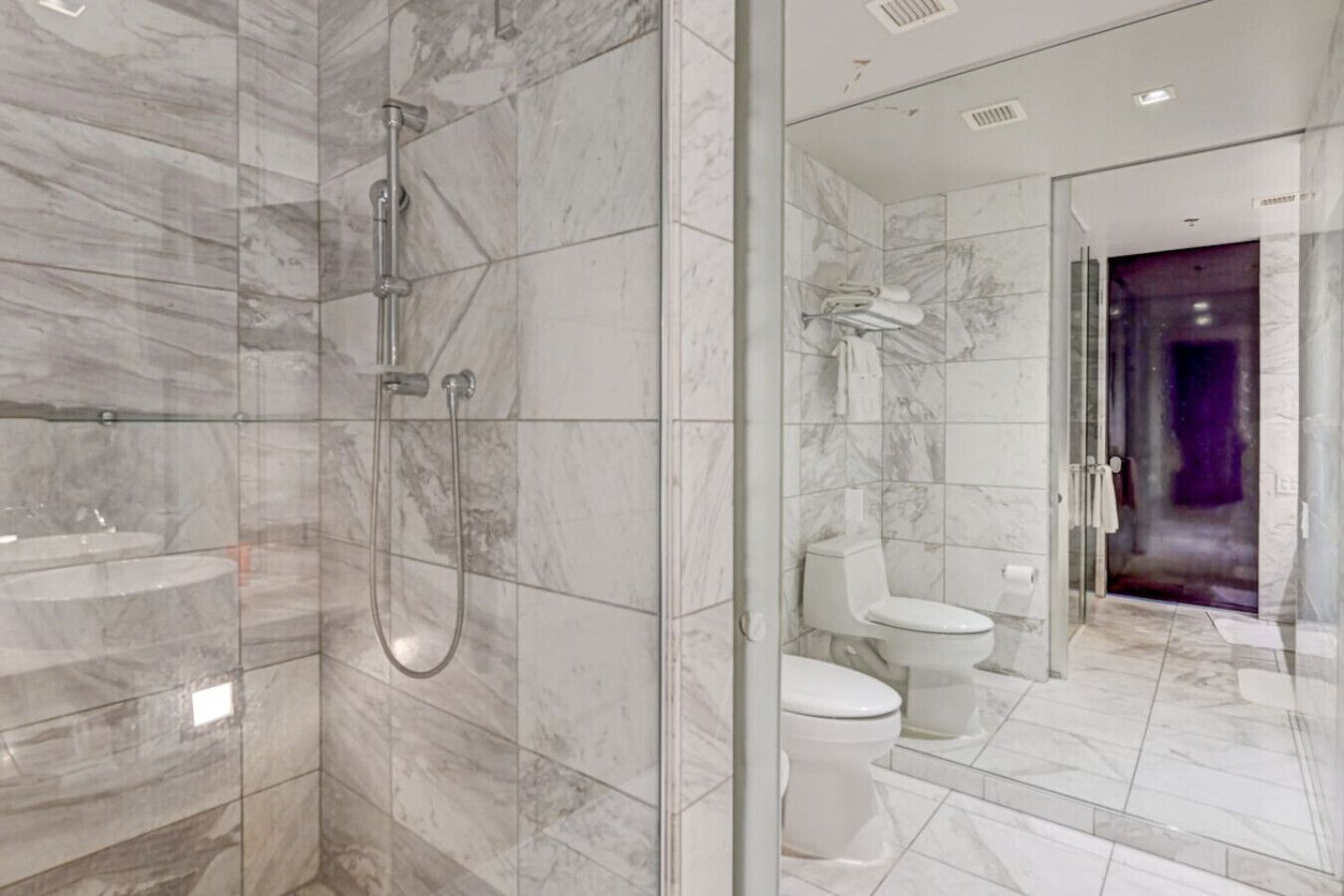 Een moderne badkamer met een douche met glazen wand, marmeren tegels en een toilet in de aangrenzende ruimte.