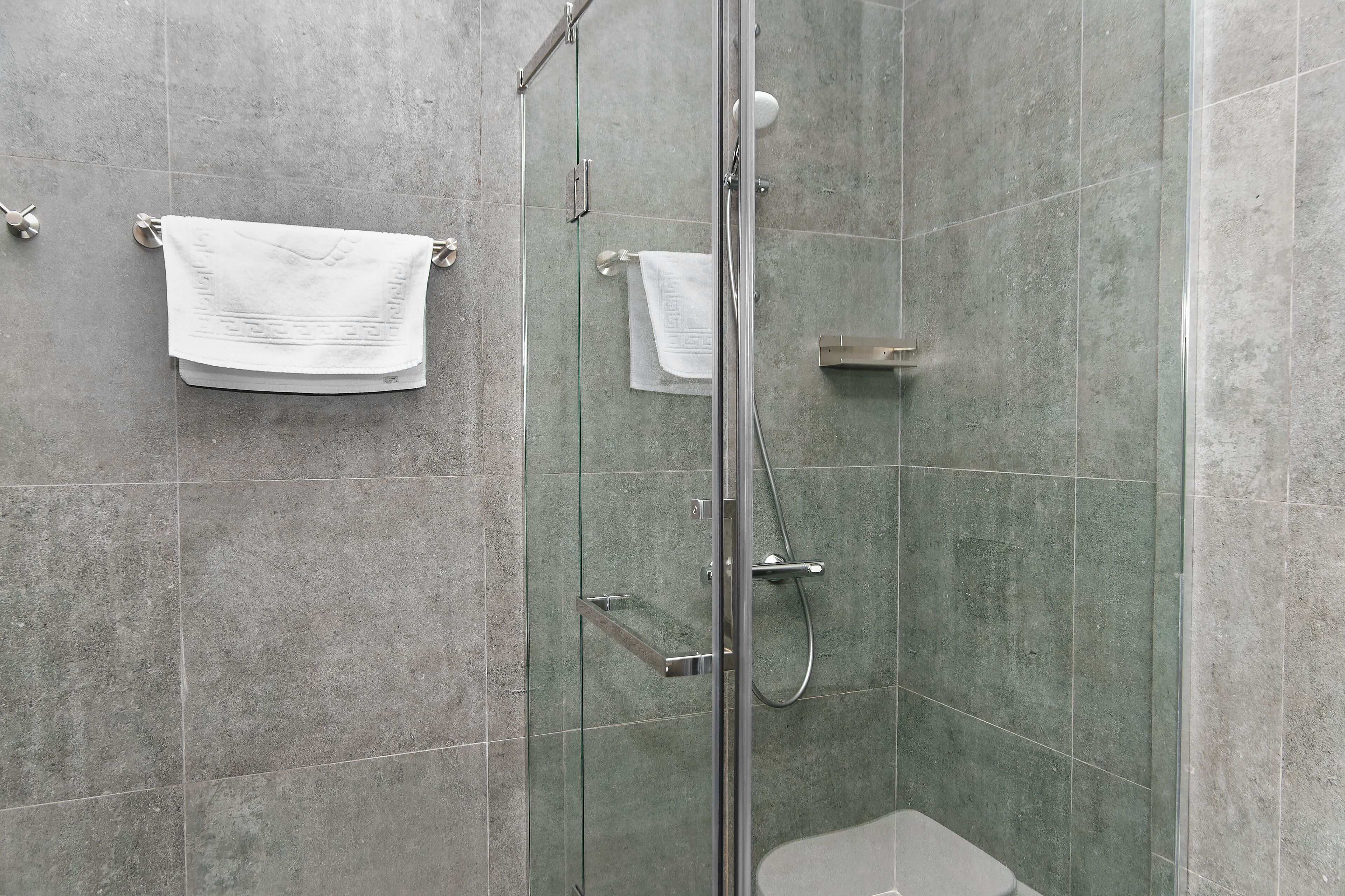 A modern shower area with a glass door, a handheld showerhead, and two towels hanging on hooks.
