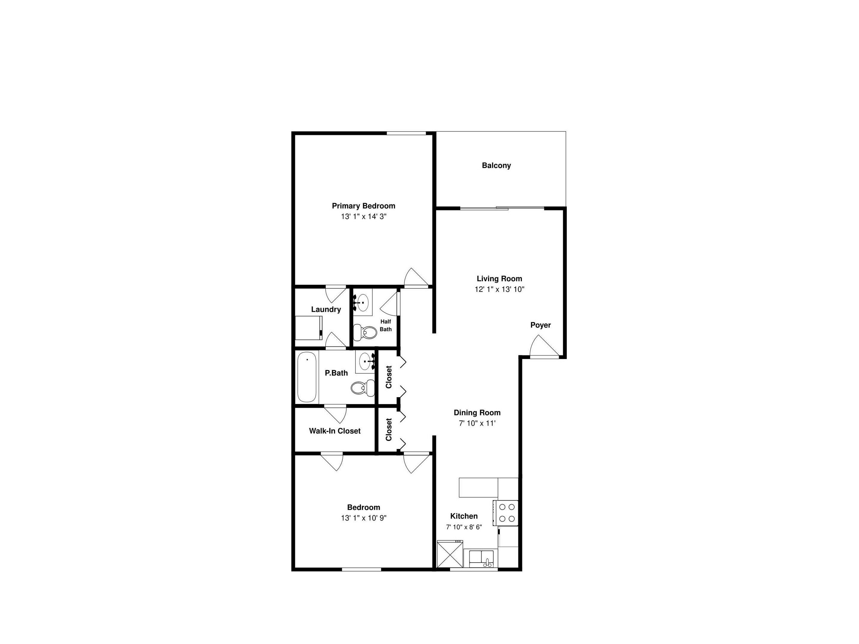 Un plan d’étage d’une chambre d’hôtel comprenant une chambre principale, un salon, une salle à manger, une cuisine et un balcon.
