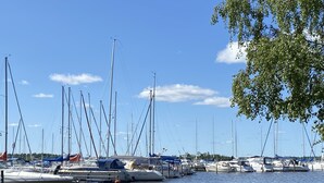 A marina with multiple boats docked, a wooden pier, and a clear blue sky.