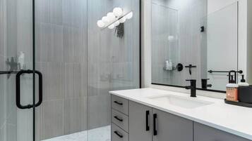 Shower, hair dryer, towels, shampoo