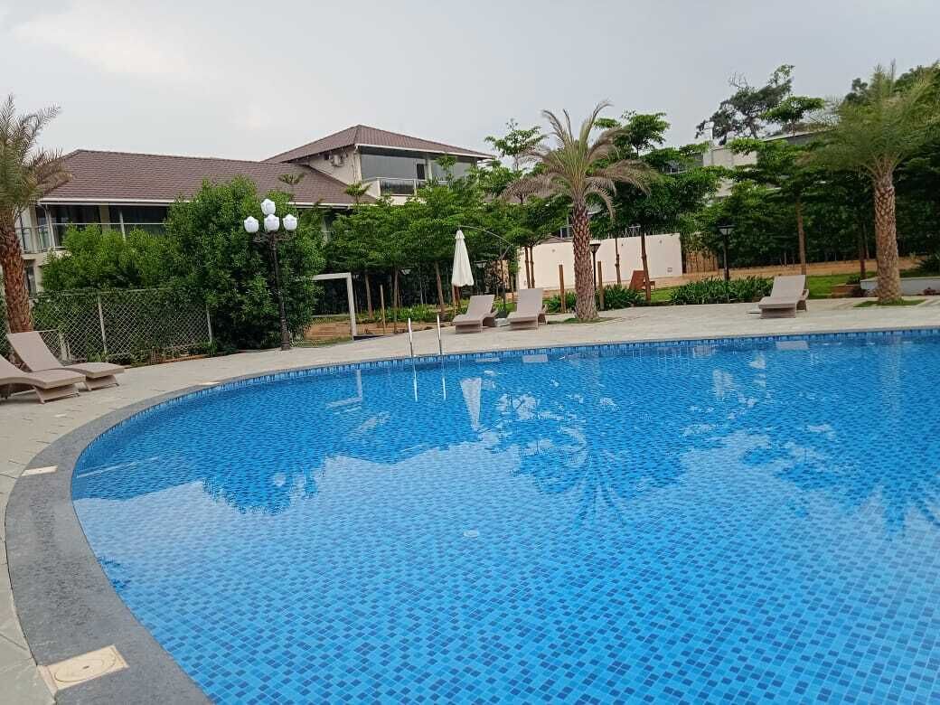 A swimming pool with lounge chairs and umbrellas, surrounded by greenery and a building in the background.