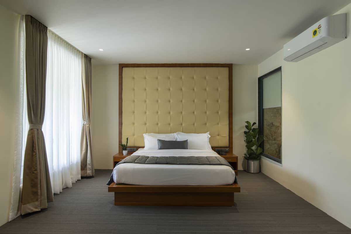 Una habitación de hotel moderna con una cama grande, cabecera, mesita de noche, planta en maceta y una ventana con cortinas.