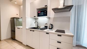 Family Apartment, 2 Bedrooms, Terrace | Private kitchen | Full-sized fridge, microwave, stovetop, electric kettle