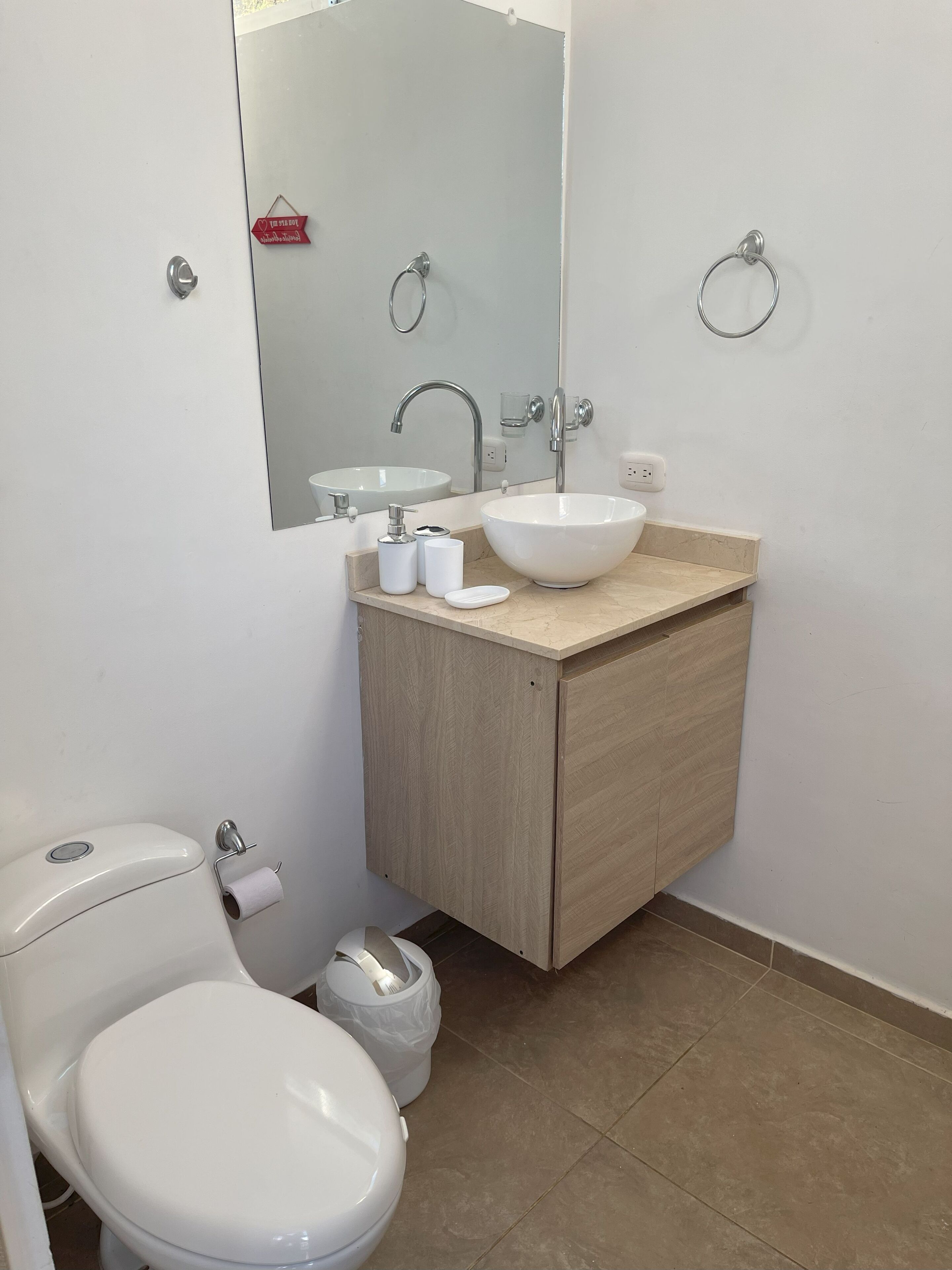 Een badkamer met een wit toilet, een wastafel met een grote spiegel erboven en een houten kastje eronder.