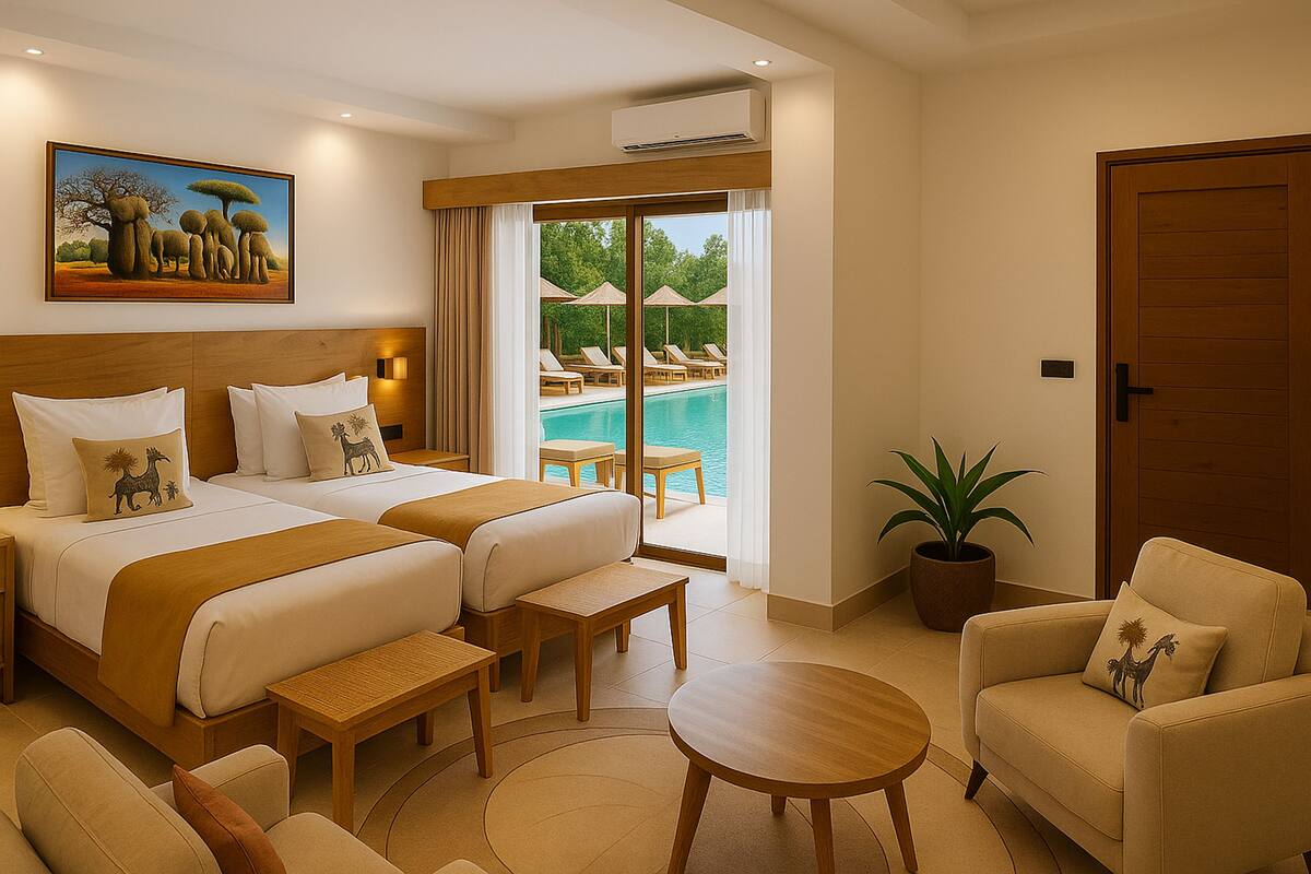 A hotel room with two beds, a sofa, a small table, and a view of a pool.